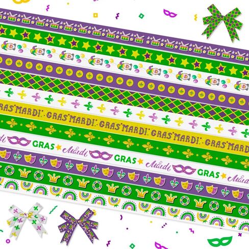 12 Yards Mardi Gras Ribbons Fleur de Lis Ribbons Diamond Decorative Grosgrain Ribbons Green Purple Yellow White Star 3/8" Ribbons for Gift Wrapping Crafts New Orleans Masquerade Party in Saudi Arabia