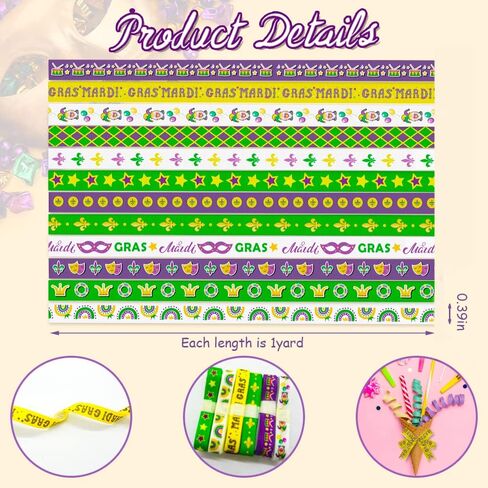12 Yards Mardi Gras Ribbons Fleur de Lis Ribbons Diamond Decorative Grosgrain Ribbons Green Purple Yellow White Star 3/8" Ribbons for Gift Wrapping Crafts New Orleans Masquerade Party in Saudi Arabia