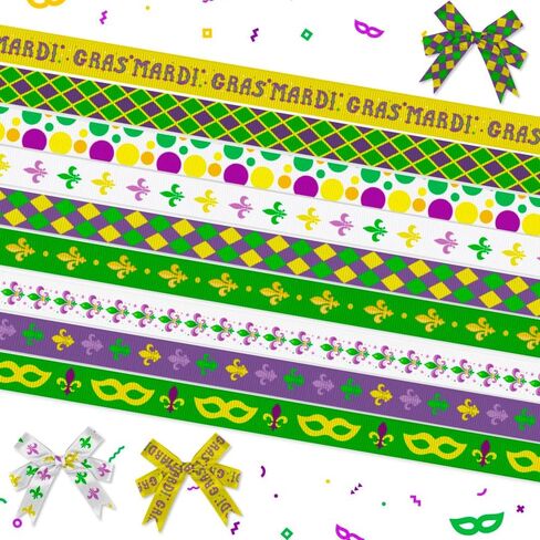 12 Yards Mardi Gras Ribbons Fleur de Lis Ribbons Diamond Decorative Grosgrain Ribbons Green Purple Yellow White Star 3/8" Ribbons for Gift Wrapping Crafts New Orleans Masquerade Party in Saudi Arabia