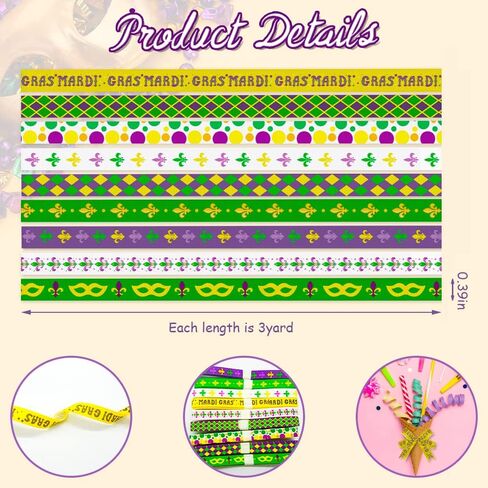 12 Yards Mardi Gras Ribbons Fleur de Lis Ribbons Diamond Decorative Grosgrain Ribbons Green Purple Yellow White Star 3/8" Ribbons for Gift Wrapping Crafts New Orleans Masquerade Party in Saudi Arabia