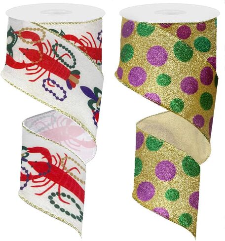 2 Rolls Mardi Gras Ribbon 2.5 × 5 ياردة نوع نسيج البوليستر الأرجواني الأخضر الذهبي ، النمط الكلاسيكي ، مثالي لماردي غرا ، والكرنفال ، ونمط طباعة الرسالة in Kuwait