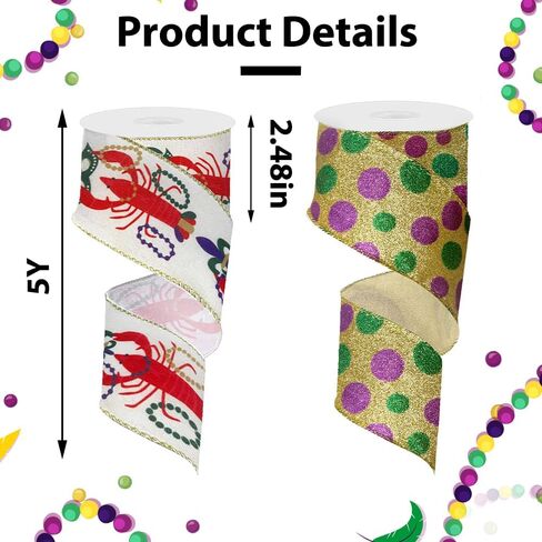 2 Rolls Mardi Gras Ribbon 2.5 × 5 ياردة نوع نسيج البوليستر الأرجواني الأخضر الذهبي ، النمط الكلاسيكي ، مثالي لماردي غرا ، والكرنفال ، ونمط طباعة الرسالة in Kuwait