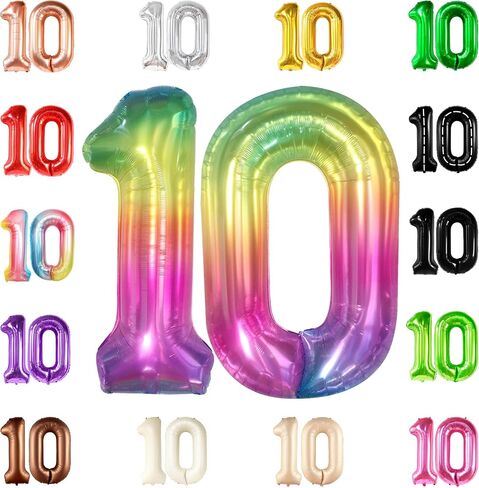 KatchOn, Giant Rainbow 10 Balloon Number - 40 Inch | 10th Birthday Decorations | Rainbow 10th Birthday Balloons for 10 Birthday Decorations Rainbow in Saudi Arabia