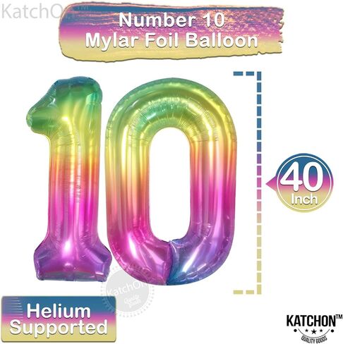 KatchOn, Giant Rainbow 10 Balloon Number - 40 Inch | 10th Birthday Decorations | Rainbow 10th Birthday Balloons for 10 Birthday Decorations Rainbow in Saudi Arabia