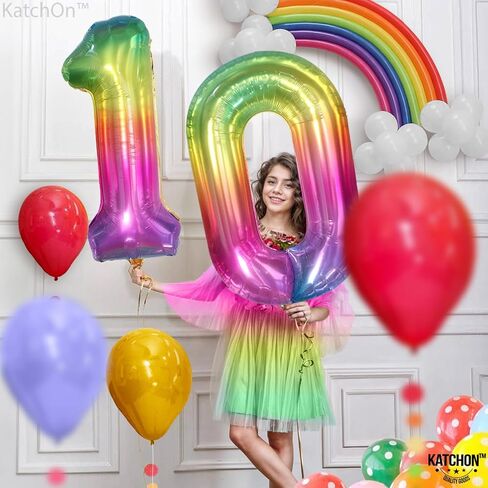 KatchOn, Giant Rainbow 10 Balloon Number - 40 Inch | 10th Birthday Decorations | Rainbow 10th Birthday Balloons for 10 Birthday Decorations Rainbow in Saudi Arabia