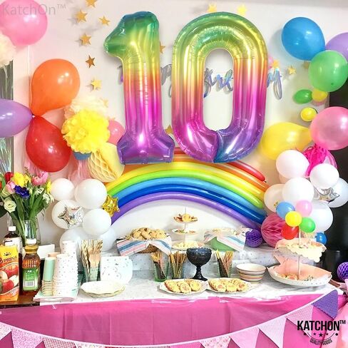 KatchOn, Giant Rainbow 10 Balloon Number - 40 Inch | 10th Birthday Decorations | Rainbow 10th Birthday Balloons for 10 Birthday Decorations Rainbow in Saudi Arabia
