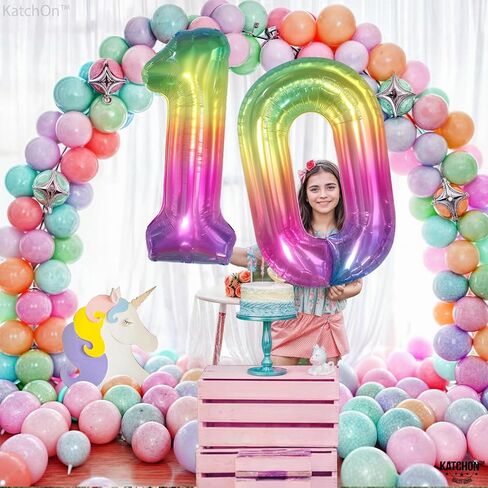 KatchOn, Giant Rainbow 10 Balloon Number - 40 Inch | 10th Birthday Decorations | Rainbow 10th Birthday Balloons for 10 Birthday Decorations Rainbow in Saudi Arabia