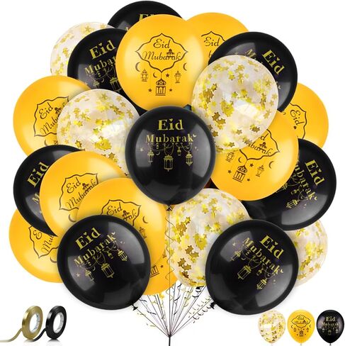 AhfuLife 32 PCS Eid Decorations Balloons, 12 Inches Large Eid Mubarak Balloons for Home, Black and Gold Latex Balloon with 2 Rolls Ribbons for Ramadan Kareem Eid Mubarak Party Supplies in Kuwait