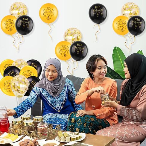 AhfuLife 32 PCS Eid Decorations Balloons, 12 Inches Large Eid Mubarak Balloons for Home, Black and Gold Latex Balloon with 2 Rolls Ribbons for Ramadan Kareem Eid Mubarak Party Supplies in Kuwait