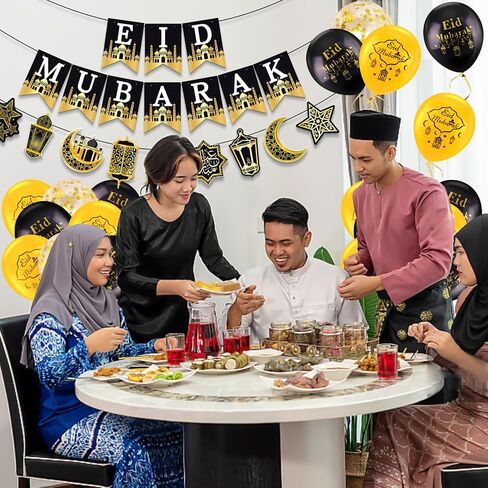 AhfuLife 32 PCS Eid Decorations Balloons, 12 Inches Large Eid Mubarak Balloons for Home, Black and Gold Latex Balloon with 2 Rolls Ribbons for Ramadan Kareem Eid Mubarak Party Supplies in Kuwait