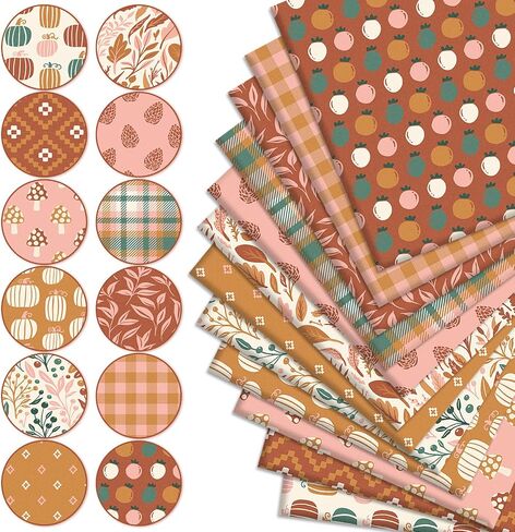 Whaline 12Pcs Boho Fall Cotton Fabric Bundles 10 x 10 Inch Autumn Fat Quarters Boho Sewing Fabrics for DIY Handmade Crafting Home Party Decor in Saudi Arabia