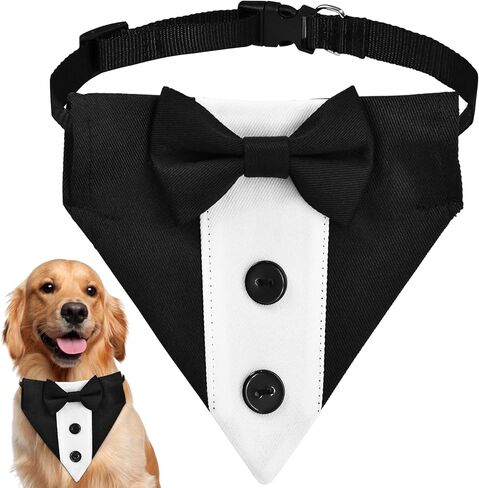Formal Dog Bandana with Adjustable Collar - Suit Style Bow Tie and Button Design for Small to Large Dogs, Ideal for Weddings, Parties, and Special Occasions (Black, Medium) in Saudi Arabia