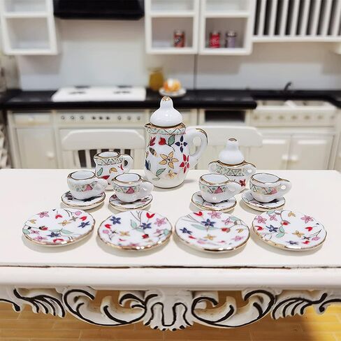 15 Pack Miniature Ceramic Doll Tea Set Dollhouse Tea Cup Set Decoration Accessories for Scale 1:12 Dollhouse Craft (Confederate Rose) in Saudi Arabia