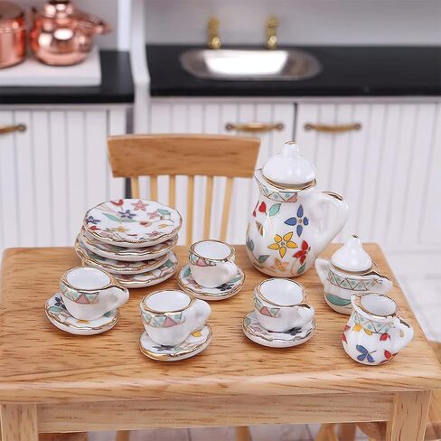 15 Pack Miniature Ceramic Doll Tea Set Dollhouse Tea Cup Set Decoration Accessories for Scale 1:12 Dollhouse Craft (Confederate Rose) in Saudi Arabia