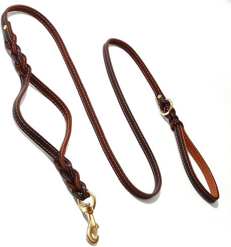 Guiding Star Double Handle Leather Dog Leash 6ft, Heavy Duty Braided Dog Leash with Traffic Handle for Small Medium & Large Dogs (Two Handles 6 Foot x 5/8", Brown) in Kuwait