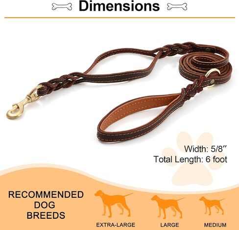 Guiding Star Double Handle Leather Dog Leash 6ft, Heavy Duty Braided Dog Leash with Traffic Handle for Small Medium & Large Dogs (Two Handles 6 Foot x 5/8", Brown) in Kuwait