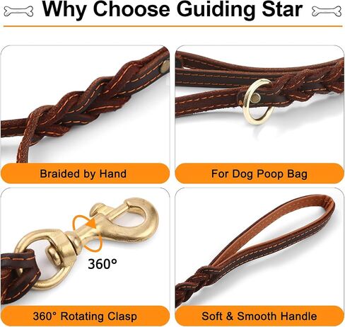Guiding Star Double Handle Leather Dog Leash 6ft, Heavy Duty Braided Dog Leash with Traffic Handle for Small Medium & Large Dogs (Two Handles 6 Foot x 5/8", Brown) in Kuwait