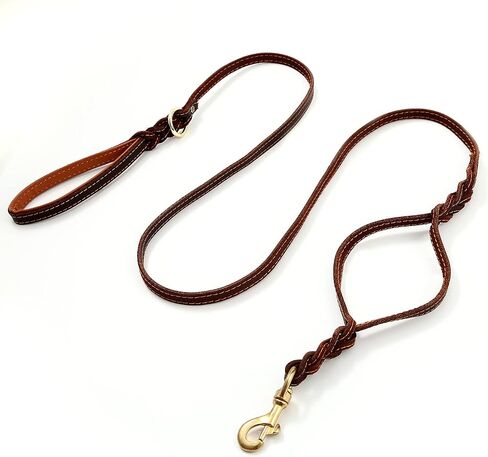 Guiding Star Double Handle Leather Dog Leash 6ft, Heavy Duty Braided Dog Leash with Traffic Handle for Small Medium & Large Dogs (Two Handles 6 Foot x 5/8", Brown) in Kuwait