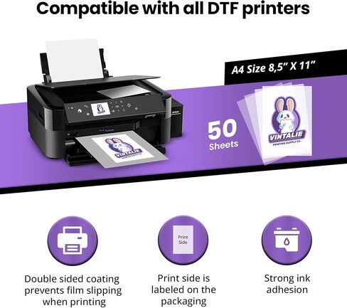 Vintalie DTF Transfer Film - A4 (8.5 "x11") 50 ورقة مميزة غير ماتي مزدوجة DTF DTF Pet Paper Direct to T Dirt in Saudi Arabia