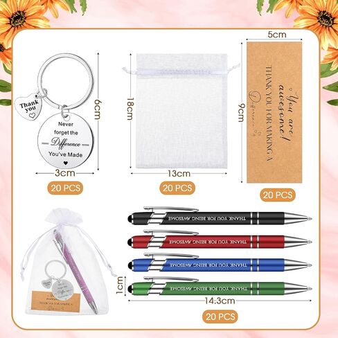 Lincia 20 Set Thanks Appreciation Gift Pens 20 Inspirational Ballpoint Pen 20 Stainless Steel Keychains and 20 Organza Bags 20 Thanks Cards for Colleague Gift(Inspirational,Rustic Color) in Saudi Arabia