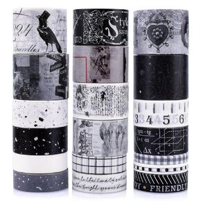 20 Rolls Vintage Washi Tape Set,Wide Floral Stamp Letter Old Newspaper Antique Retro Decorative Masking Tape Sets for Scrapbook, Craft,Kids, Scrapbooking Supplies (Black)