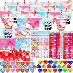 CAMIRUS Valentines Day Gifts for Kids Classroom, 24 Packs Valentine Day Stationery Set Gift with Gift Cards Cups Pencils Erasers Stampers Stickers, Valentines Day Cards for School Classmates