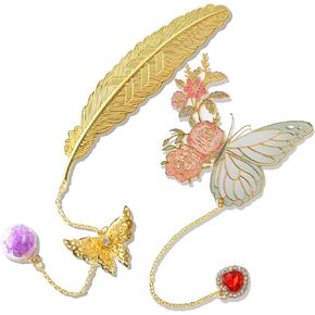 2PCS Butterfly and Feather Bookmarks for Reading Women, Metal Book Marks for Book Lovers, for Birthday, Valentine's Day, Christmas, Teacher's Day, Mother's Day Presents, Gold