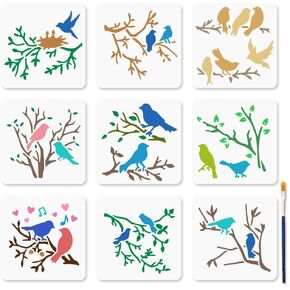 MAYJOYDIY 9 Pcs Big Eyes Animal Stencil Cartoon Animals Stencils with Paint Brush 5.9×5.9inch Cat Bird Reusable Painting Rabbit Lion Ostrich Mice Template for Craft on Window Wood Wall Home Decoration