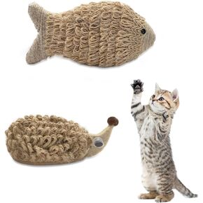 Andiker Cat Chew Toys, Fish and Hedgehog Shapes Hemp Rope Cat Fish Toys Built-in Sounding Particles Entertaining and Bite-Resistant Cat Toy for Indoor Cats and Kittens (Brown)