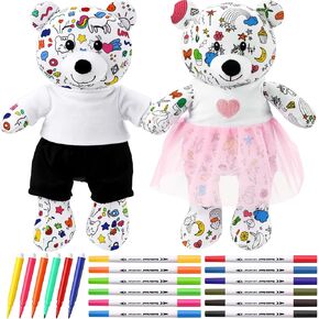 2 Pcs 14 Inch Easter Coloring Plush Bears with 12 Washable Markers 6 Mini Markers Reusable DIY Stuffed Animal Doodle Dolls with Shirt, Pant, Dress Sets for Kids Valentine Birthday Gifts