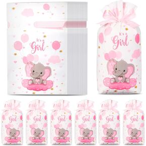 50 Pcs Baby Shower Treat Bags Plastic Pink Elephant Drawstring Candy Goodie Baby Shower Party Favor Gift Bags for Girl Birthday Gender Reveal Party 9 x 6 x 2 Inch