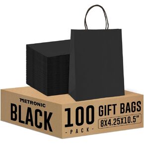 METRONIC 100 Pack Gift Bags Medium 8x4.75x10.5 Inches Black Paper Bags, Kraft Shopping Bag with Handles Small Business, Boutique, Gift Wrap, Bulk