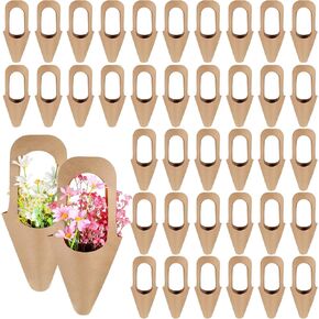 Lemecima 40 Pcs Kraft Paper Flowers Gift Bags Bouquet with Handle Flower Wrapping Paper Bouquet Kraft Floral Bags Cone Flower Sleeves for Packaging Wedding Graduation Party