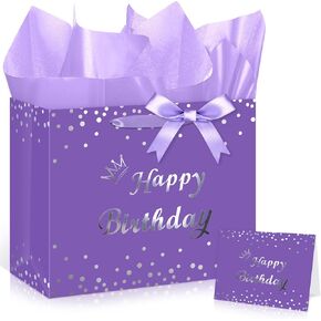 Purple Silver Birthday Gift Bag for Women Girls Purple Birthday Wrapping Paper Bag with Bow Ribbon Greeting Card Purple Goodie Bag for Purple Birthday Baby Shower Anniversary Christmas Party Decor