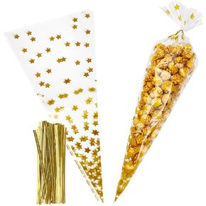 EKAPACKAGING 50Pcs 6.3x11.8 Inches Sprinkle Print Cone Shaped Treat Cellophane Bags Twist Tie Triangle Christmas Party Favor Cotton Candy Bags With Ties For Popcorn, Chocolates, Ice Cream Cone