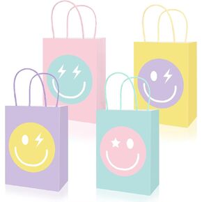 JarThenaAMCS 24Pcs Smile Face Paper Bags Pastel Preppy Treat Bags with Handles Candy Goodie Bags 4 Different Types Grocery Shopping Bags for Bachelorette Birthday Party Favors Supplies