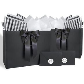 ZHIAXTON 2 Pcs Black Gift Bags with Handles,13.8x5.1x10.2 Inch Large Gift Bag with Tissue Paper, Card and Bow,Gift Wrapping Bag for Weddings,Men's birthdays,Father'sDay,Anniversaries, Holiday Party