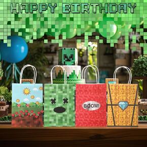 Dansydaisy 24 Pcs Pixelated Birthday Party Favor Bags with Handle Pixel Themed Party Craft Gift Bags Birthday Candy Paper Bag Treat Cookie Wrapping for Decoration Supply