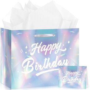Iridescent Birthday Gift Bag with Tissue Paper Holographic Party Favor Bags for Girls Birthday Wrapping Paper for Baby Shower Bachelorette Music Singer 70s Disco Birthday Christmas Party Supplies