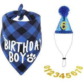 Dog Birthday Party Supplies, Birthday Boy Dog Bandana, Boy Dog Birthday Bandana Set Scarf and Dog Birthday Hat with Numbers, Blue Dog Birthday Outfit for Small Medium Large Dogs(Blue)