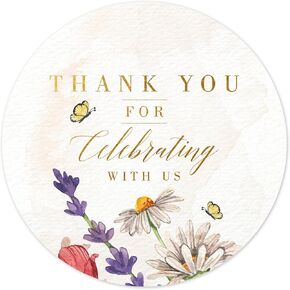 Country Wild Floral Wedding Thank You Labels Thank You for Celebrating with Us Stickers | 2 inch | Gold Foil | 60pcs Waterproof Favor Labels for Wedding, Bridal Shower, Baby Shower