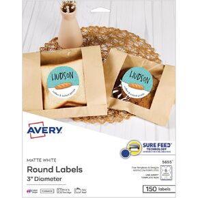 Avery Printable Round Labels with Sure Feed, 3" Diameter, Matte White, Permanent Adhesive, Laser & Inkjet Printers, 150 Blank Labels, Great for Product Labels, Favor Labels, and More (5655)