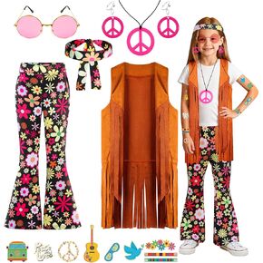 Girls Hippie Costume Kids 60s 70s Hippie Outfits Set Halloween Party Dress Up