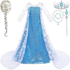 G.C Girls Elsa Dress Costume with Wig Cape Toddler Princess Dress Up Outfit Kids Crown Jewelry Halloween Birthday Gifts