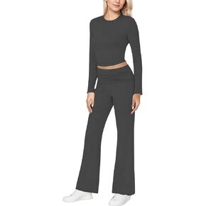 Lounge Sets for Women 2 Piece Long Sleeve Cropped Top and Fold-Over Flare Pants Slim Fit Comfy Pajama Set