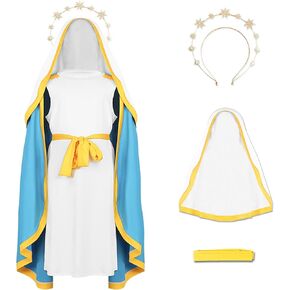 Girl Biblical Religious Virgin Mary Costume Saint Bible Costumes for Kids Headwrap Hat Waist Rope Headband Set