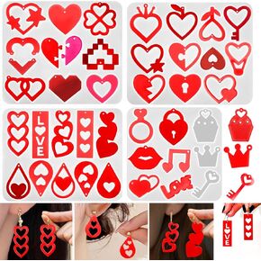 4PCS Resin Earring Molds, Valentine's Day Heart Earring Silicone Molds with Holes, Jewelry Molds for Epoxy Resin Hearts Lips Crown Love Keys Shape Epoxy Molds for DIY Earring Keychain Pendant Crafts