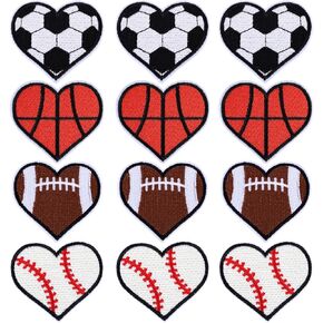 12pcs Heart Shape Ball Patches, Sports Iron on Patches Rugby Softball Football Basketball Iron on Patches Rugby Embroidered Patches Sports Patches for Clothes DIY Repair Decoration