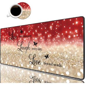 Desk Pad Gaming Mouse Pads with Coasters,31.5"x 11.8" Large Non-Slip Rubber Base Mousepad with Stitched Edges for Office & Home,Red Glitter Quote Live Every Moment, Laugh Every Day, Love Beyond Words