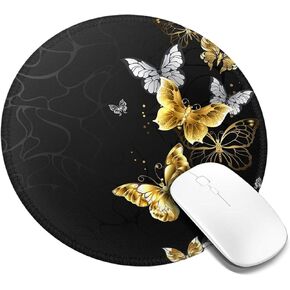 8in Round Mouse Pad Gold White Butterflies Black Durable Stitched Edge Non-Slip Rubber Base Gaming Mousepad